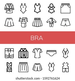bra simple icons set. Contains such icons as Bathrobe, Skirt, Swimsuit, Breast pump, Bikini, Clothes, Swimwear, Blouse, Underwear, can be used for web, mobile and logo