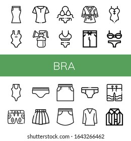 bra simple icons set. Contains such icons as Skirt, Swimsuit, Blouse, Breast pump, Bikini, Bathrobe, Underwear, Swimwear, Clothes, can be used for web, mobile and logo