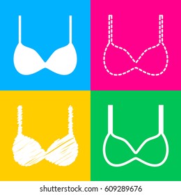 Bra simple sign. Four styles of icon on four color squares.