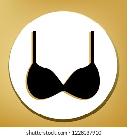 Bra simple sign. Vector. Black icon with light brown shadow in white circle with shaped ring at golden background.