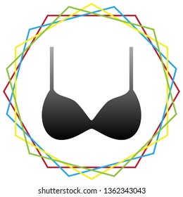Bra simple sign. Vector. Black icon with patch of light inside colorful hexagonal frames at white background.