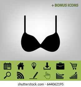 Bra simple sign. Vector. Black icon at gray background with bonus icons 