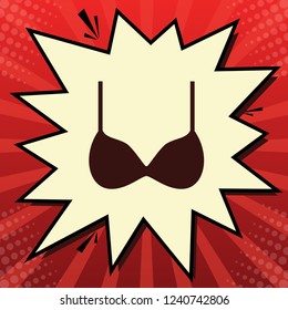 Bra simple sign. Vector. Dark red icon in lemon chiffon shutter bubble at red popart background with rays.