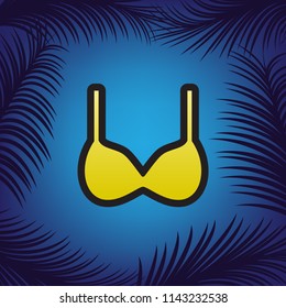 Bra simple sign. Vector. Golden icon with black contour at blue background with branches of palm trees.