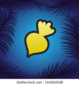 Bra simple sign. Vector. Golden icon with black contour at blue background with branches of palm trees.