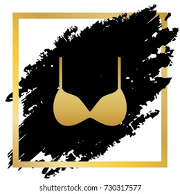 Bra simple sign. Vector. Golden icon at black spot inside golden frame on white background.