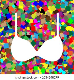Bra simple sign. Vector. White icon on colorful background with seamless pattern from squares.