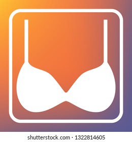 Bra simple sign. Vector. White icon on transparent button at orange-violet gradient background.