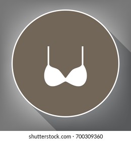 Bra simple sign. Vector. White icon on brown circle with white contour and long shadow at gray background. Like top view on postament.