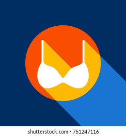 Bra simple sign. Vector. White icon on tangelo circle with infinite shadow of light at cool black background. Selective yellow and bright navy blue are produced.