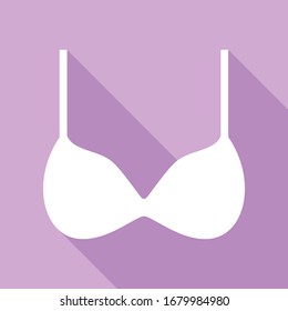 Bra simple sign. White Icon with long shadow at purple background. Illustration.