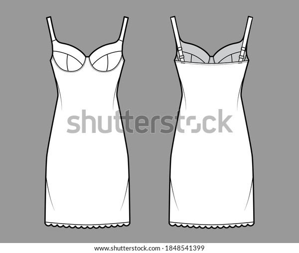 Bra slip lingerie dress technical fashion\
illustration with molded cup, adjustable straps, scalloped edge,\
thigh length. Flat template front, back white color style. Women\
unisex underwear CAD\
mockup
