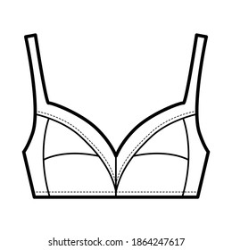Bra soft cup lingerie technical fashion illustration with full adjustable shoulder straps, hook-and-eye closure. Flat brassiere template front white color style. Women men unisex underwear 