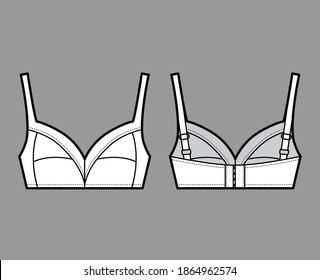 Bra soft cup lingerie technical fashion illustration with full adjustable shoulder straps, hook-and-eye closure. Flat brassiere template front, back white color style. Women men underwear CAD mockup