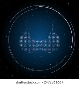 The bra symbol filled with white dots. Pointillism style. Some dots is red. Vector illustration on blue background with stars