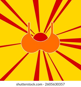 Bra symbol on a background of red flash explosion radial lines. The large orange symbol is located in the center of the sun, symbolizing the sunrise. Vector illustration on yellow background