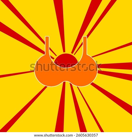 Bra symbol on a background of red flash explosion radial lines. The large orange symbol is located in the center of the sun, symbolizing the sunrise. Vector illustration on yellow background