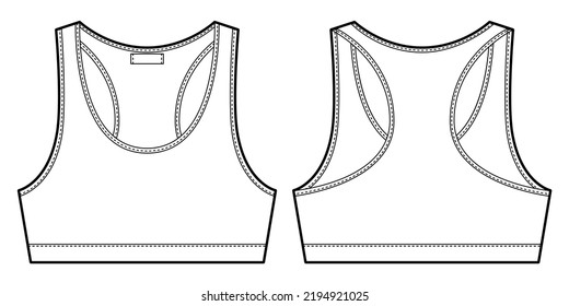 Bra technical sketch illustration. Women's yoga underwear design template. Casual underclothing. Front and back views. Vector CAD design