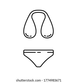 Bra towel and underpants. Line art icon of breathable underwear set. Black illustration of separate swimsuit for big breasts. Contour isolated vector emblem on white background