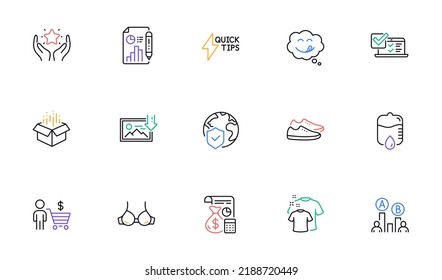 Bra, World insurance and Ab testing line icons for website, printing. Collection of Quickstart guide, Open box, Report document icons. Buyer, Clean t-shirt, Download photo web elements. Vector