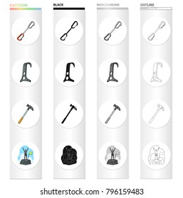 A brace, a climbing hammer, a hook, a jumper, a climber on top of a mountain. Climbing equipment set collection icons in cartoon black monochrome outline style vector symbol stock Isometric