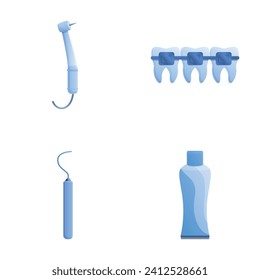 Brace installation icons set cartoon vector. Tooth with brace and dental tool. Dental clinic service