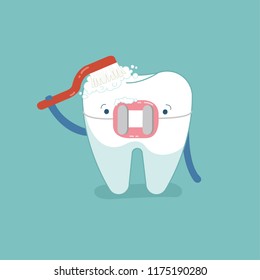 Brace tooth brushing with toothbrush, dental cartoon design.