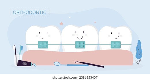 Corrección dental de llave. Concepto de tratamiento ortodóntico. Dientes divertidos en las llaves ortodoncias. Accesorios para la limpieza de dientes - dentífrico, cepillo de dientes, hilo dental. Atención oral, atención médica. vector plano