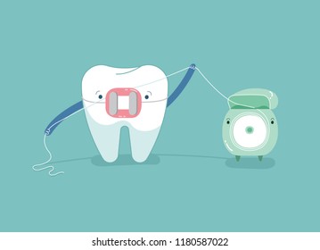 Brace tooth using dental floss for white teeth, dental vector concept.