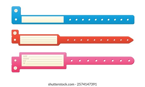 Bracelet event access different color for entrance. Mock up identification bracelet, security checking ticket type design vector set. Paper or plastic bracelet blank for concert, vip zone or festival