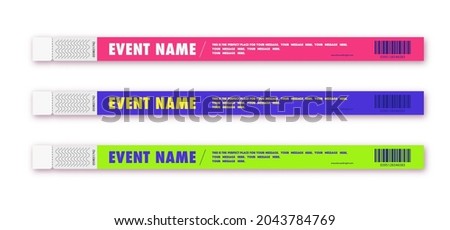 Bracelet event access different color for id fan zone or vip, party entrance, concert backstage identification, security checking, event. Mock up festival bracelet. Vector 10 eps