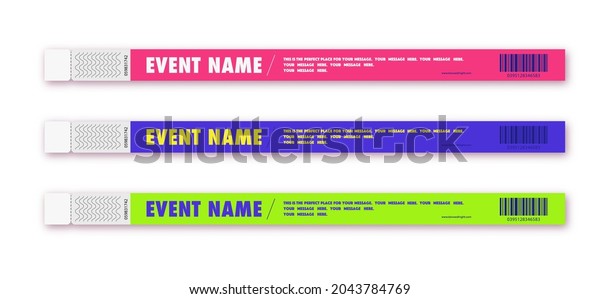 Bracelet
event access different color for id fan zone or vip, party
entrance, concert backstage identification, security checking,
event. Mock up festival bracelet. Vector 10
eps