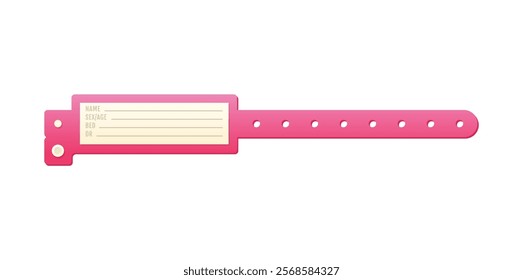 Bracelet event access pink color for entrance. Mock up identification wristband, security checking ticket type vector design. Paper or plastic bracelet blank with name, age identity information