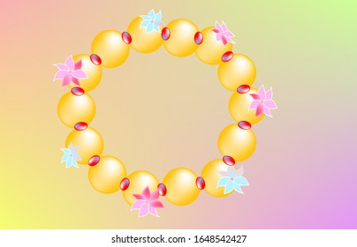  a bracelet of gold pearls, glass flowers  blue and pink colors, red stones between pearls, on a light pink back