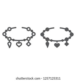 Bracelet with heart line and glyph icon, jewellery and accessory, bracelet with pendants sign, vector graphics, a linear pattern on a white background.