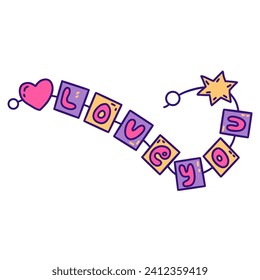 Bracelet made of beaded cubes with letters, heart and stars. Love you. Gift for beloved on Valentines Day. Confession of feelings, compliment. Colorful vector isolated illustration hand drawn doodle