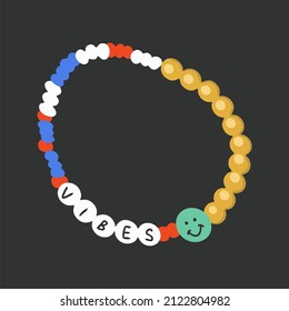 Bracelet Made Of Plastic Beads. Bracelet With Golden Letters, An Inscription And A Smiley, Different Colors. Cartoon, Flat Design, Vector Illustration.