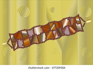 Bracelet made of semiprecious stones with a  fringe of beads on a background of wood severing. 