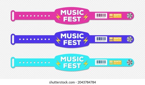 Bracelet Musikfest-Event-Zugriff Vektorvorlage unterschiedliche Farbe für id-Fan-Zone oder Vip, Party-Eingang, Konzert-Backstage-Identifikation, Sicherheitsprüfung, Veranstaltung. Mock up Festival Armband. 10 eps