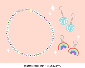 Bracelet or necklace from plastic beads with hearts, dice and rainbow earrings. Cute 00s 90s retro style trendy accessories. Y2k aesthetic. Cartoon, flat design, vector illustration.