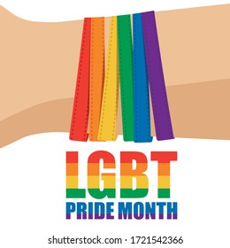 Bracelet on the hand in the colors of the LGBT movement. LGBT day poster, flyer, banner, business card, invitation. Vector Illustrator. LGBT pride month.