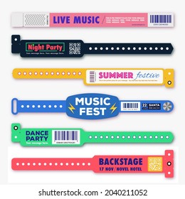 Plantilla de juego de vectores de acceso a eventos plásticos de pulsera de diferente estilo para zona de ventilador de id o vip, entrada de partido, identificación del concierto tras bastidores, comprobación de seguridad, evento. Pulsera del festival de simulación. 10 pasos