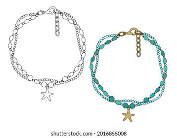 Bracelet with a starfish-shaped pendant. Vector illustration isolated on a white background.