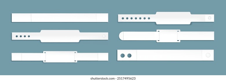 Modelos de tíquete de pulseira isolados no plano de fundo. Ilustração em vetor realista de uma banda de pulso para acesso a eventos vip, concertos, shows de música, festivais ou exposições, identificação de pacientes hospitalares