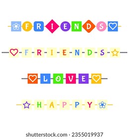 Bracelets, baubles with inscriptions Friends, Happy, Love in bright neon colors in the style of the 90s. Kidcore aesthetic, y2k style. Trendy illustration. Vector art