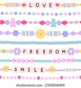 Bracelets kids jewelry seamless pattern. Hippy friendship bracelet, plastic cartoon beads. Diy kid jewelry, fashion craft racy vector background