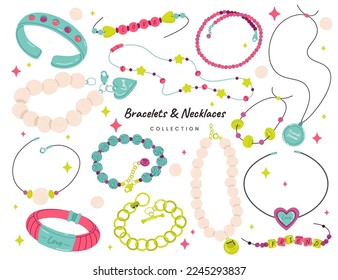 Bracelets and necklace flat icons set. Trendy golden chain, friend handmade wristband, cat collar and other accessories. Special jewelleries. Color isolated illustrations