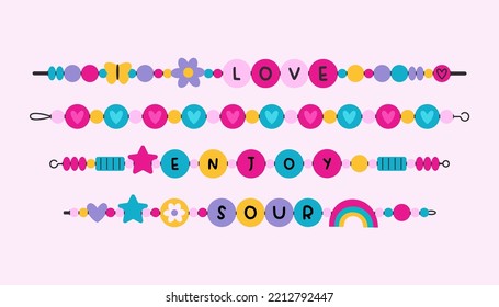 Bracelets from plastic beads in y2k style. Friendship, love bands. Colorful funky bracelets with letters, stars, hearts. Cartoon style. Hand made, diy concept. Flat vector set