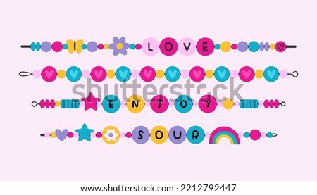 Bracelets from plastic beads in y2k style. Friendship, love bands. Colorful funky bracelets with letters, stars, hearts. Cartoon style. Hand made, diy concept. Flat vector set