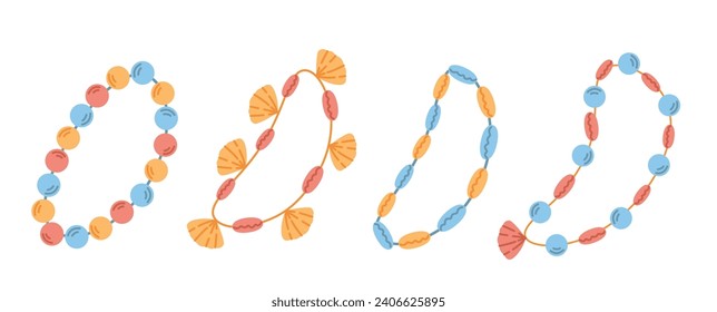 bracelets of seashells and pearls set on a white background